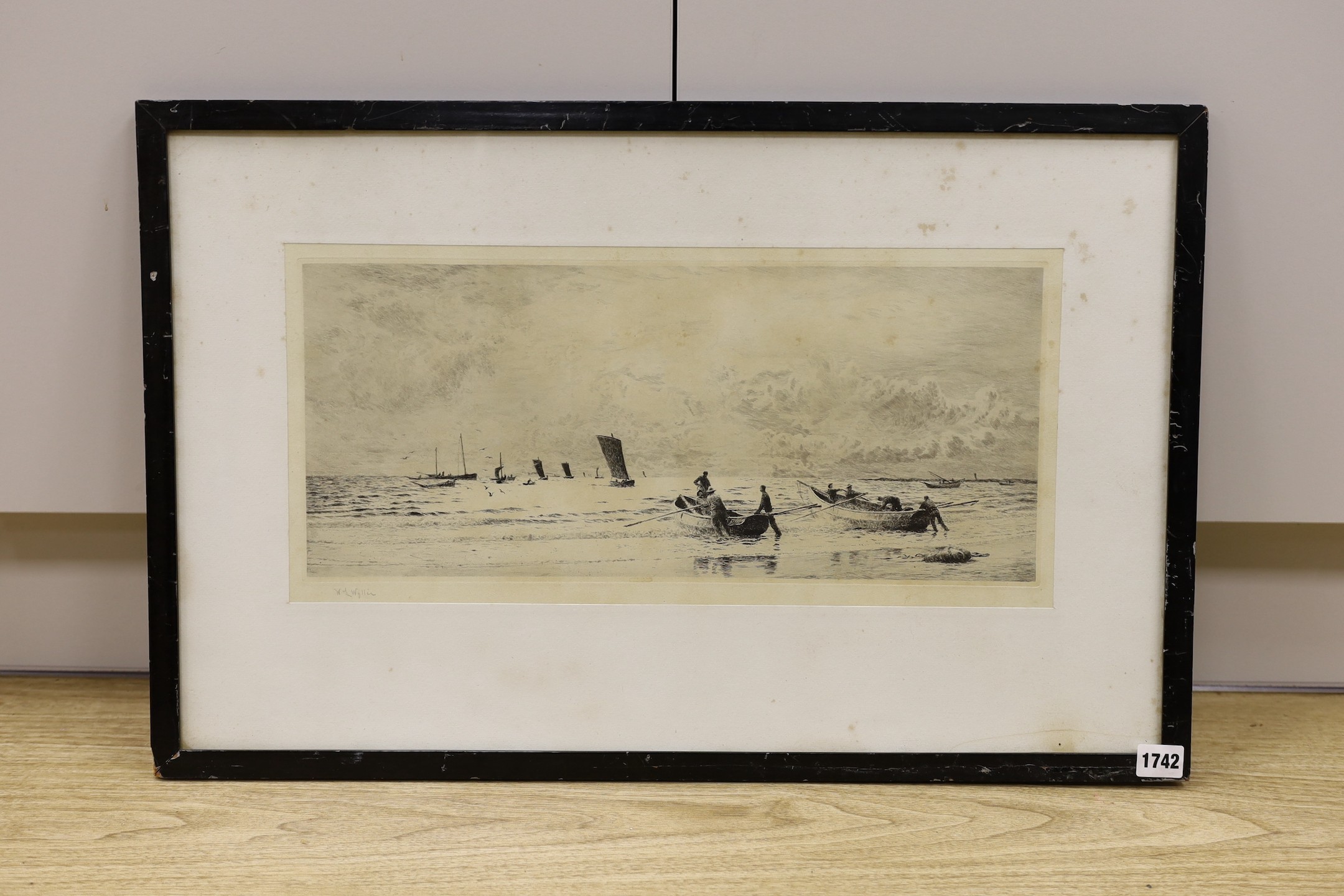 William Lionel Wyllie, etching, “Cobles at Newbiggin”, signed, 24 x 51cm